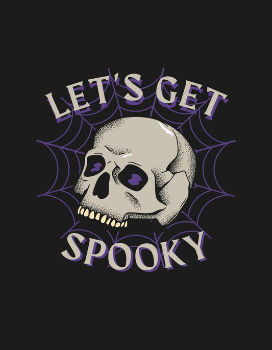 Egy koponya és pókhálókkal körülvéve, felette a "Let's get spooky" felirattal. Az összkép egy vidám, mégis kísérteties hangulatot áraszt, tökéletes választás Halloween időszakára vagy horror rajongóknak. 