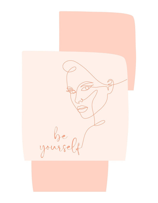 Egyvonalas női arckép és inspiráló üzenet. Letisztult, minimalista dizájn, amely egy női arcot ábrázol egyszerű vonalakkal, "be yourself" felirattal. 