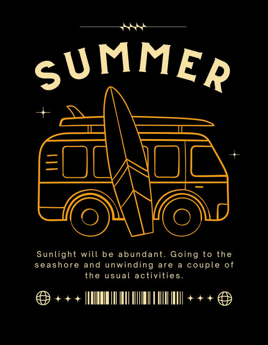 A képen egy retró hangulatú lakókocsi és szörfdeszka látható, amelyek az örök nyarat és a szabadidő kellemes eltöltését idézik. A design egyszerű, de stílusos, az arany és fekete színek kombinációjával. 