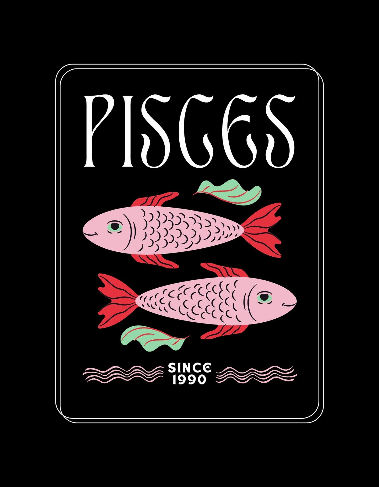 Letöltött grafika egy halászati jegyű dizájnnal, amelyen két stilizált hal látható, modern és művészi kivitelben, "PISCES" felirattal és "SINCE 1990" aláírással.