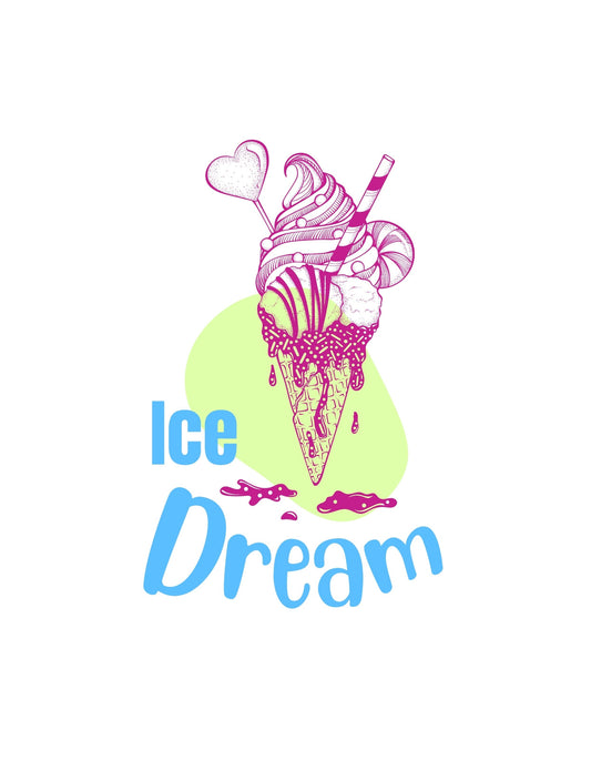 Egy ínycsiklandóan édes és színes fagyikehelyt ábrázoló kép, amit kedves szív alakú lufi és csillogó cukorka díszít, az "Ice Dream" felirattal. 
