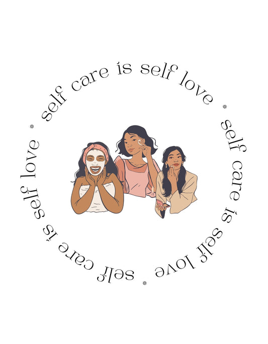 Három mosolygó nőt ábrázol a kép, akik különböző bőrápolási rutinokat végeznek, körülöttük a "self care is self love" szöveg látható. 