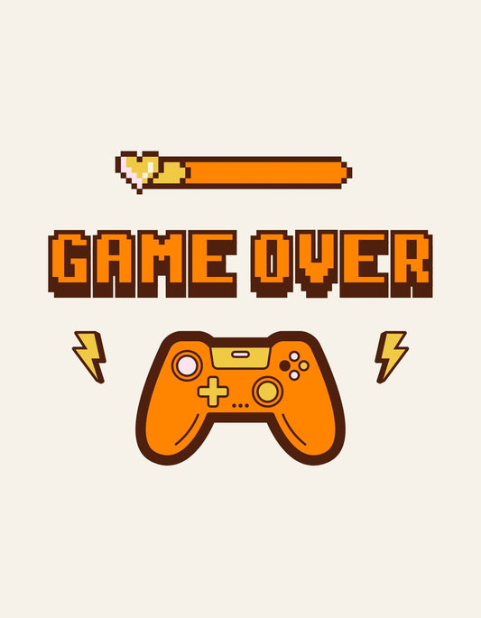 Vidám pixelgrafikás tervezés, ami egy narancssárga színű játékvezérlőt és a klasszikus "GAME OVER" feliratot ábrázolja. 