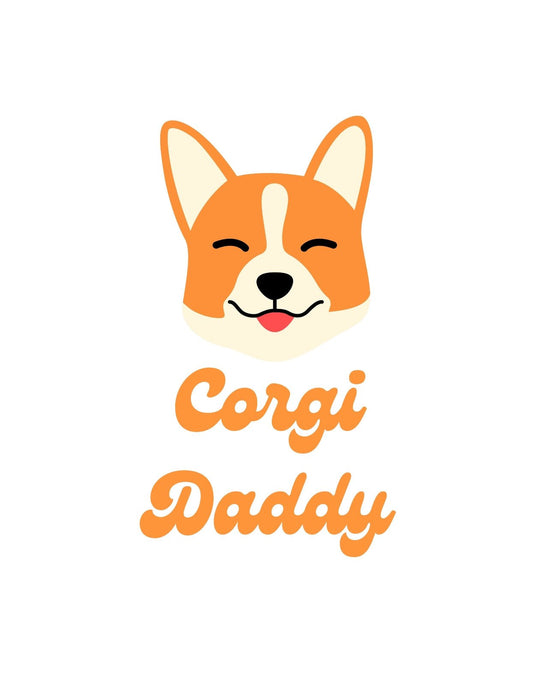 Egy mosolygó corgi kutya fejének vidám képe, alatta "Corgi Daddy" szöveggel. 