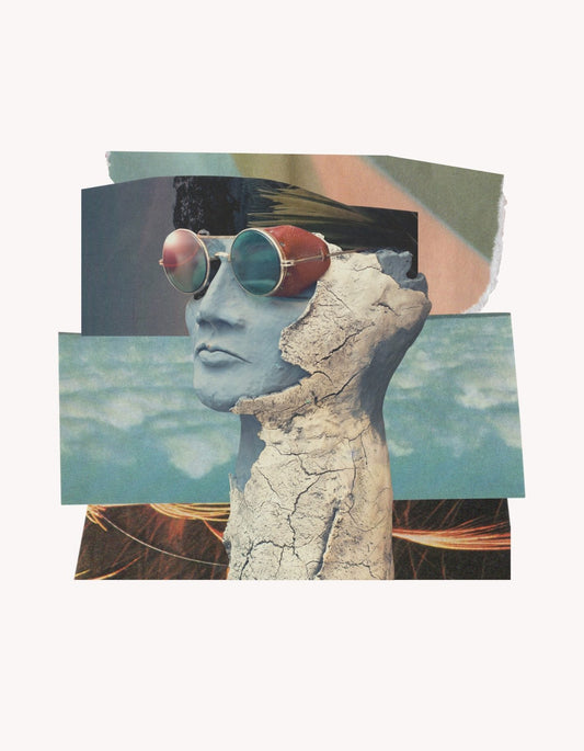Egy szürrealista alkotás, mely egy repedezett szoborszerű arcképet és színes napszemüveget ábrázol, különféle textúrájú rétegekkel kombinálva. 
