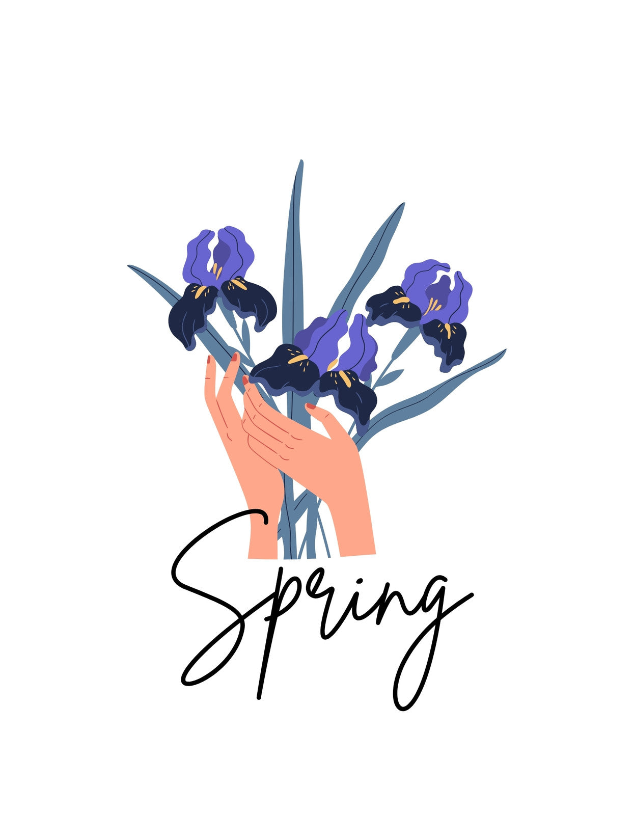 Egy kéz által tartott lila íriszek csoportja, zöld levelekkel, a "Spring" szóval alul. A természet szépsége és az újjászületés érzését sugallja. 