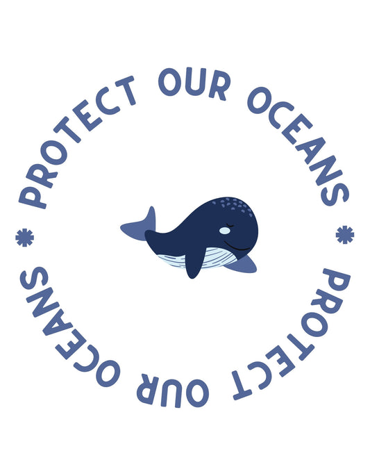 Egy mosolygó bálna ábrázolása látható a képen, a "Protect Our Oceans" szöveggel körülölelve. A design tiszta, letisztult és üzenetében erős, hangsúlyozva a tengeri élővilág védelmének fontosságát. 