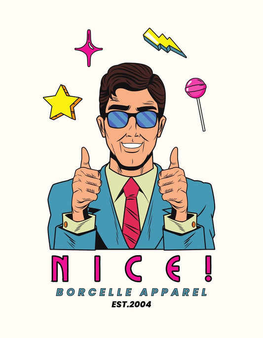Egy mosolygó, napszemüveges férfi képe, aki hüvelykujját felfelé tartja, körülötte színes, vidám elemekkel, mint csillagok és villámok, alul pedig a "NICE!" felirat látható. 