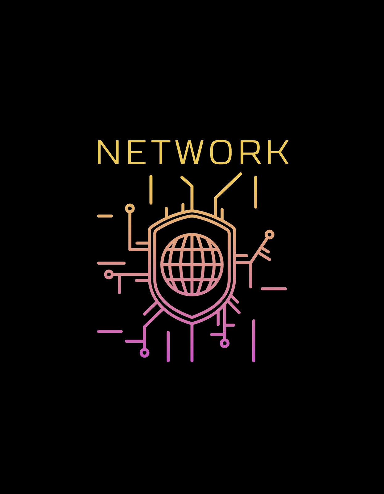 Modern hálózati dizájn egy globális jellegű ikonnal, körülvéve dinamikus, digitális elemekkel, amik egy bonyolult hálózatot képeznek. A neon színű vonalak futurisztikus hangulatot kölcsönöznek a fekete alapon. 