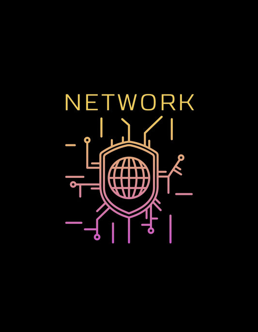 Modern hálózati dizájn egy globális jellegű ikonnal, körülvéve dinamikus, digitális elemekkel, amik egy bonyolult hálózatot képeznek. A neon színű vonalak futurisztikus hangulatot kölcsönöznek a fekete alapon. 