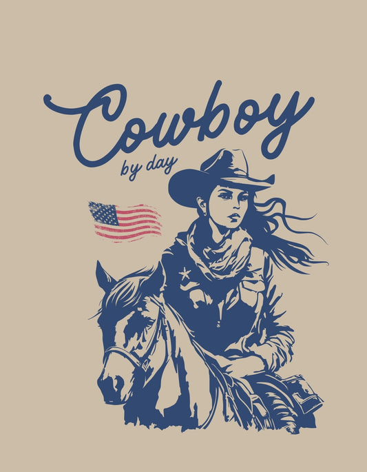 Egy elegáns cowgirl látható a képen, vállán az amerikai zászlóval, míg mellette hűséges lova áll. A tervezés középpontjában a vadnyugat szelleme és egy erős női karakter ábrázolása áll, melyet határozott vonalvezetés és markáns kék színek kiemelése tesz karakteressé. 