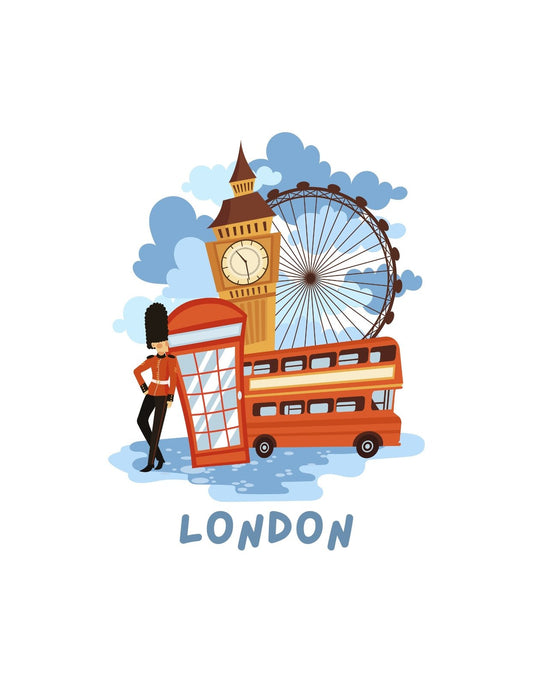 Élénk és játékos dizájnnal rendelkező kép, amely Londont ábrázolja, több ikonikus látványossággal, mint például a Big Ben, a London Eye óriáskerék és egy piros emeletes busz. Egy őrt is láthatunk, aki a híres brit telefonfülkéhez támaszkodik. 
