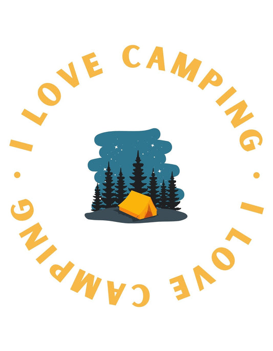 Egy sárga sátor ábrázolva van éjszakai erdei háttérrel, csillagos égbolt alatt, körülölelve a "I LOVE CAMPING" felirattal. 