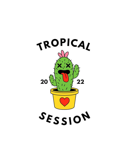 Egy vidám kaktusz ábrázolva, nyelvet öltögat, szemei x-ekkel vannak ábrázolva, mindez egy sárga cserépben, szívecskével az oldalán, "TROPICAL SESSION 20 22" felirattal körülvéve.