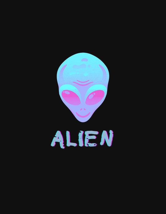 Egy vibrálóan színes idegen fej látható a képen, kifejezetten modern és misztikus hatást keltve. A lenyűgöző pasztell színek és a "ALIEN" felirat egyedi stílust ad a tervezésnek. 