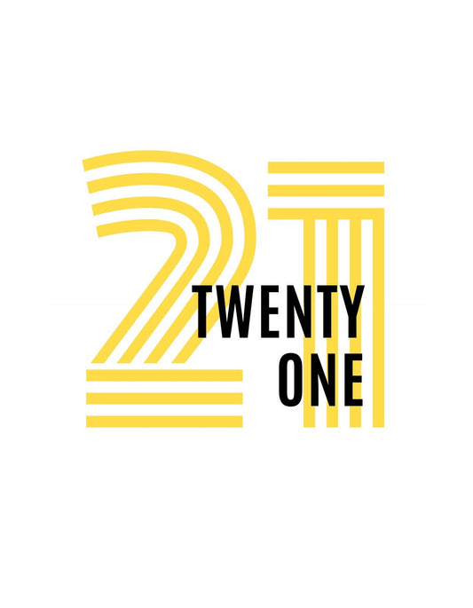 Dinamikus grafika egy stilizált "21" számmal, modern betűtípussal, erőteljes sárga és fekete színekkel.