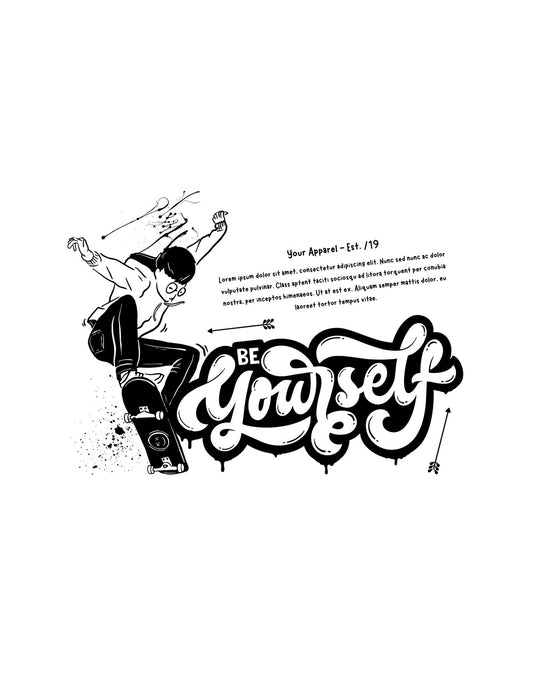 Egy fiatal gördeszkás dinamikus pózban, miközben éppen trükköt hajt végre, a "BE YOURSELF" felirattal alatta, ami a függetlenség és az egyediség üzenetét hordozza. 