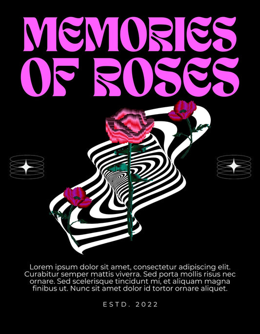 Egy őszinte és érzelmekkel teli dizájn, ahol rózsák emelkednek ki egy absztrakt, hipnotikus fekete-fehér vonalhullámzásból, a "MEMORIES OF ROSES" felirattal felette vibráló rózsaszínben. 