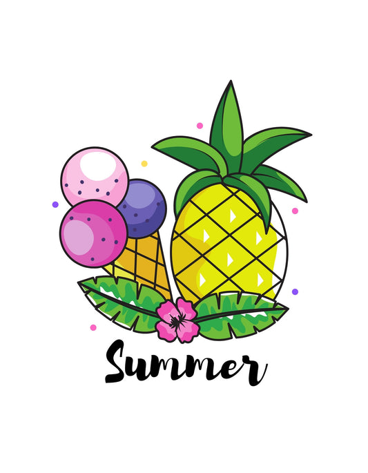 Vidám nyári hangulatot árasztó kép, amely egy ananászt és három gombóc fagyit ábrázol, színes pöttyökkel körülvéve, és egy rózsaszín virág is látható. 