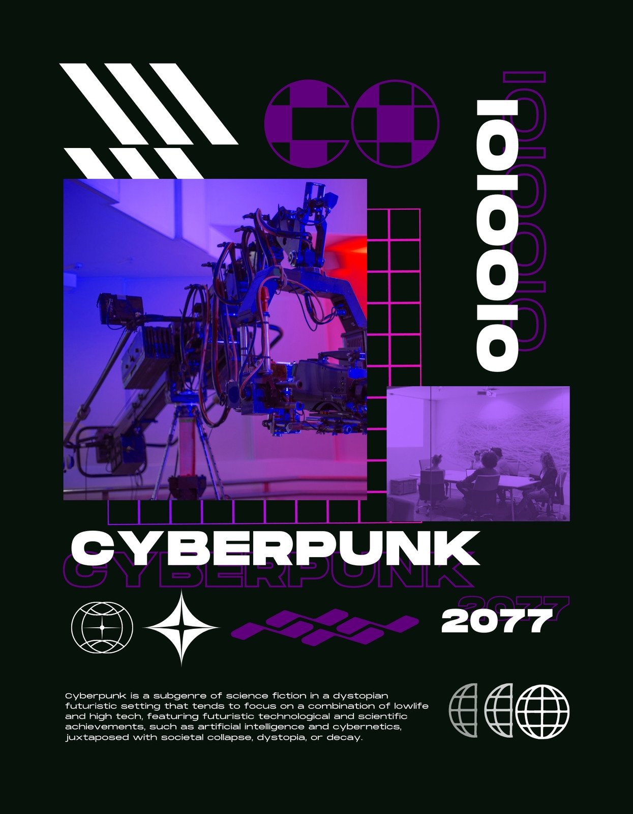 Egy futurisztikus robotkar látható az előtérben, melyet vibráló lila fények emelnek ki, az egész kép modern és futurista atmoszférát kölcsönöz a nézőnek. 