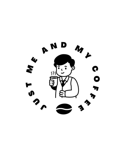 Egy stílusos grafikával rendelkező ábra, amely egy elegáns, kávézó férfi karaktert ábrázol, kezében egy gőzölgő csésze kávéval. A körkörös felirat "JUST ME AND MY COFFEE" üzenetet közvetít. 