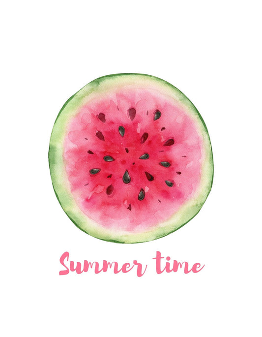 Egy friss és édes görögdinnyeszelet vízfesték illusztrációjával ellátott tervezet, mely "Summer time" felirattal egészül ki, hozva ezzel a nyári hangulatot. 