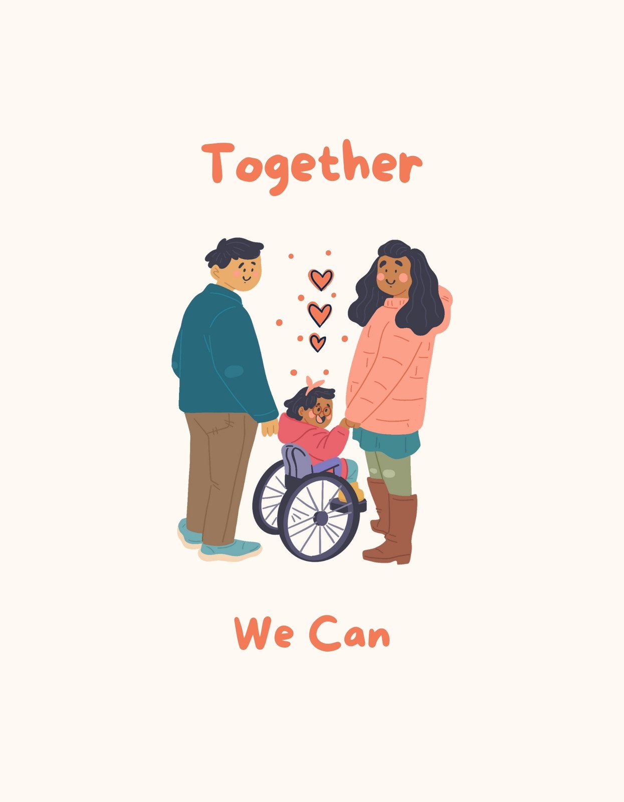 Egy szeretettel teli családi kép, ahol a szülők körülölelik a kerekesszékben ülő gyermeküket, szívecskékkel és a "Together We Can" felirattal az összetartozást hangsúlyozva. 