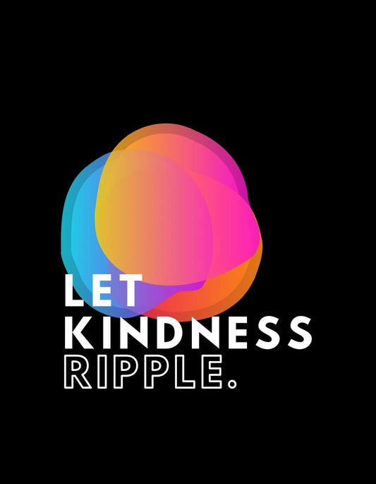 Egy lüktető, színes dizájn dominálja a képet, három egymásra helyezett, vibráló, átlátszó buborékkal, amelyek egy modern, minimalista "LET KINDNESS RIPPLE." szöveg alatt helyezkednek el, inspiráló atmoszférát teremtve. 