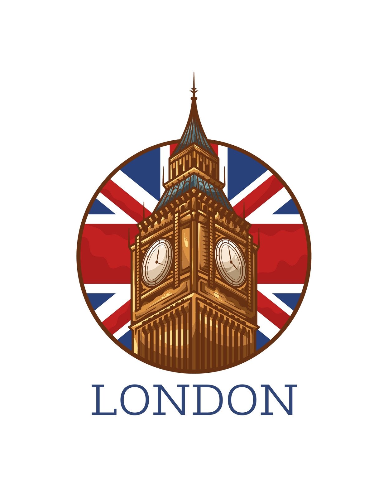 A képen a híres londoni Big Ben látható az Egyesült Királyság zászlajának motívumával a háttérben, az alján pedig a város nevével: London. 
