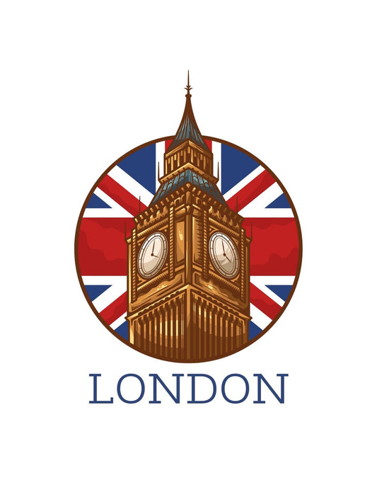 A képen a híres londoni Big Ben látható az Egyesült Királyság zászlajának motívumával a háttérben, az alján pedig a város nevével: London. 