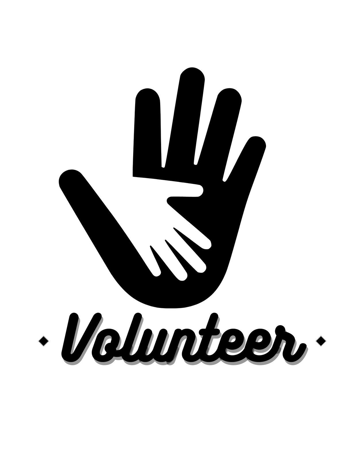 Egy nagy, fekete körvonalú kéz látható, benne egy kisebb kézzel, alul pedig a "Volunteer" feliratot olvashatjuk. 