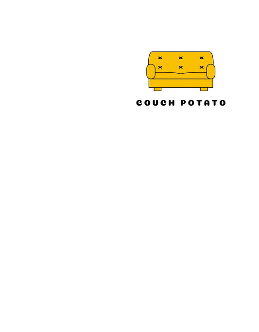 Egy vidám, sárga kanapét ábrázoló kép, mely a "couch potato" kifejezést vizualizálja játékosan, burgonyákkal díszítve. 