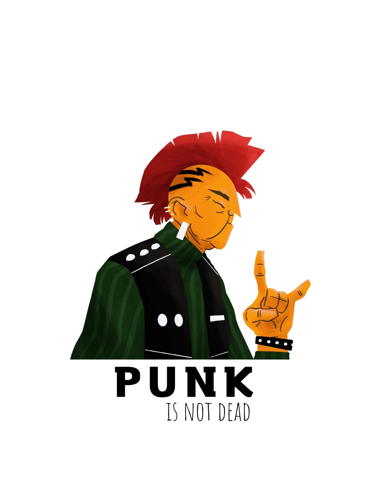 Egy vagány, punk stílusú karakter látható a képen, piros irokéz frizurával és bőrdzsekiben, a híres "punk not dead" szlogennel. 