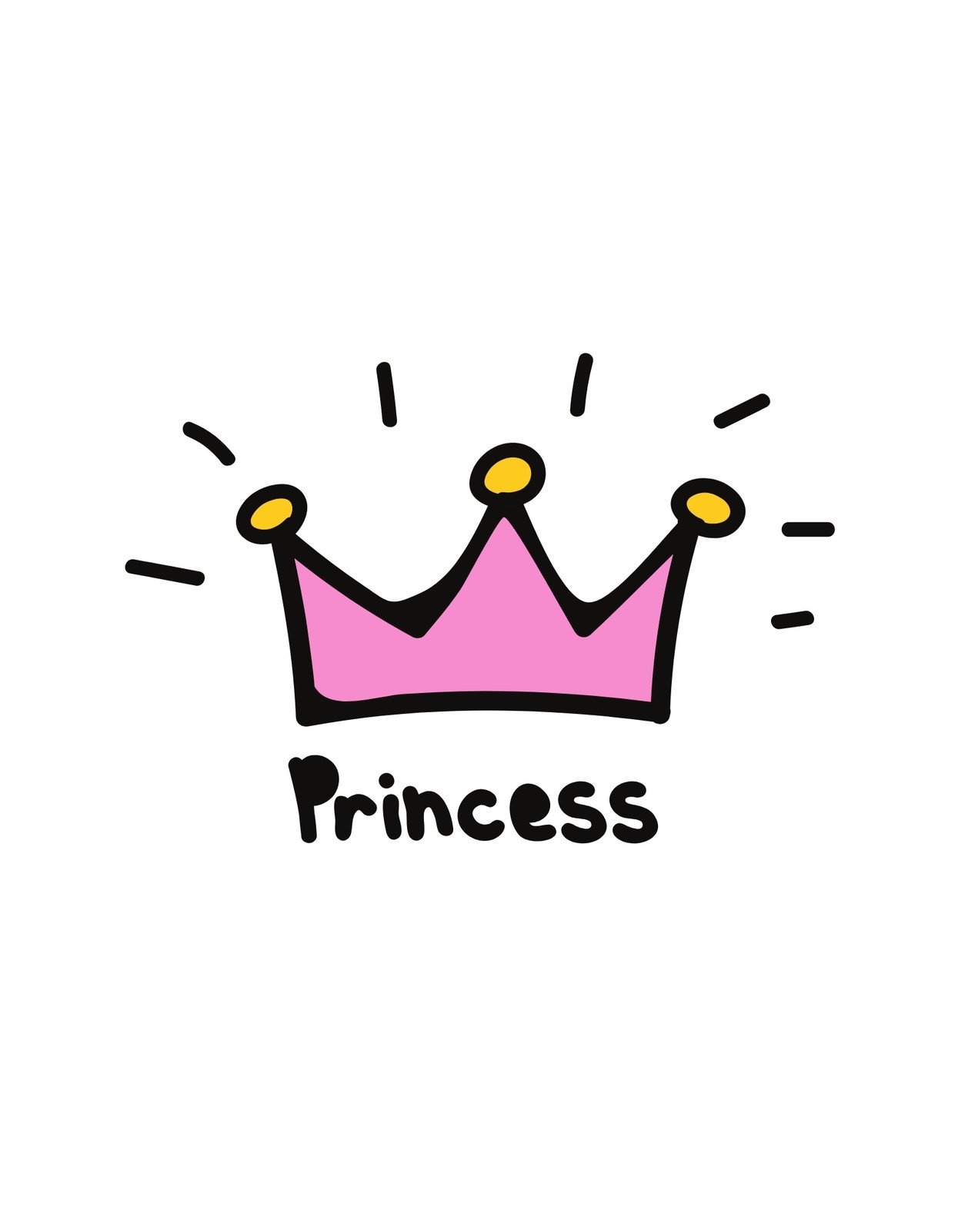 Egy egyszerű, mégis kifejező dizájn, amely egy rózsaszín koronát ábrázol "Princess" felirattal. A korona arany színű díszítésekkel és vibráló vonalakkal jeleníti meg a királyi fényt. 