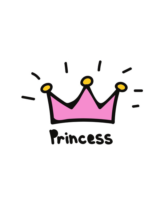 Egy egyszerű, mégis kifejező dizájn, amely egy rózsaszín koronát ábrázol "Princess" felirattal. A korona arany színű díszítésekkel és vibráló vonalakkal jeleníti meg a királyi fényt. 