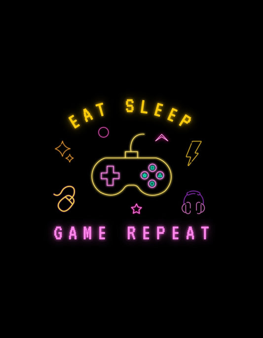 Az ábrán egy neon stílusú videojáték-kontroller látható, melyet az "EAT SLEEP GAME REPEAT" felirat vesz körül. A minta élénk színei és játékos elemei a gaming kultúrát idézik meg. 