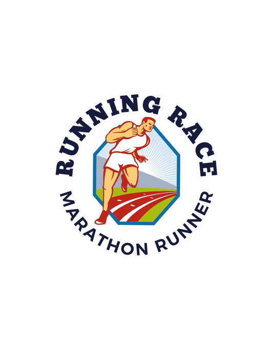 Egy lendületes futó ábrázolása jellemzi ezt a dizájnt, aki dinamikusan vágtat az atlétika pályán, körülötte a "RUNNING RACE MARATHON RUNNER" felirattal egy embléma formájában. 