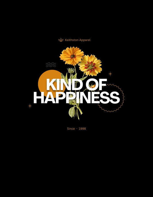 Vibráló narancssárga és sárga virágokat láthatunk a dizájn középpontjában, mellette a "KIND OF HAPPINESS" szöveggel és egy alapítási évszámmal, ami egyedi, vintage hangulatot kölcsönöz. 