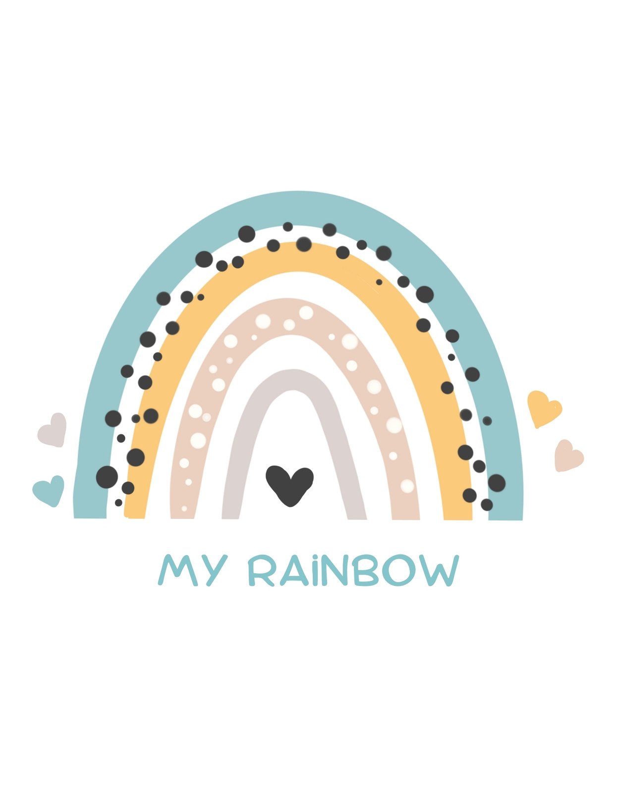 Egy bájos, minimalista szivárvány grafikát látunk, melynek ívei pasztellszínekben pompáznak és kiegészülnek apró pöttyökkel. Egy fekete szívvel és "MY RAINBOW" felirattal díszítve, ami egy személyes hangulatot ad neki. 