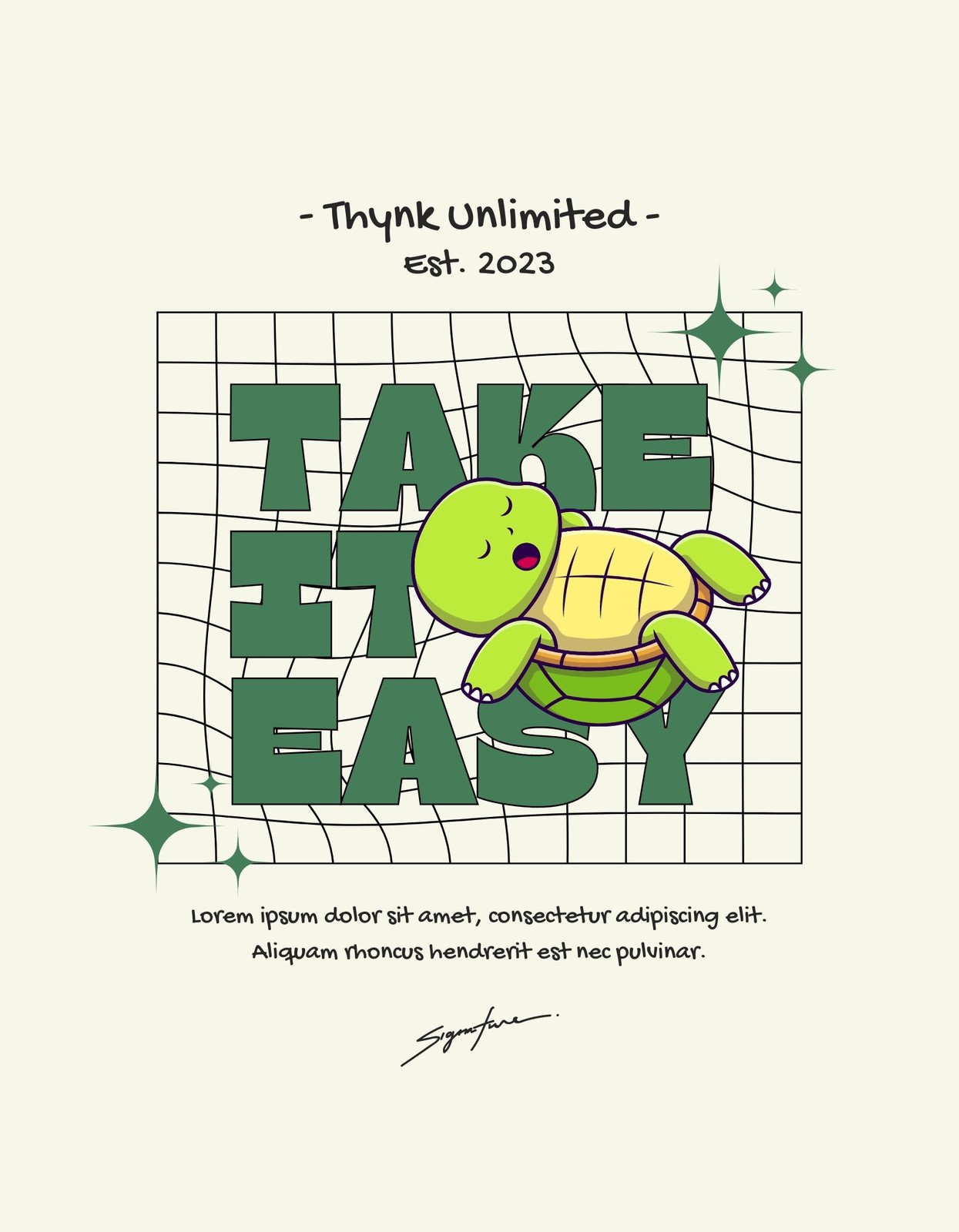Egy felszabadult hangulatú teknős pihen a "TAKE IT EASY" felirat körül, amely beleolvad a mintába hátterében, mindezt modern, streetwear stílusban ábrázolva. 