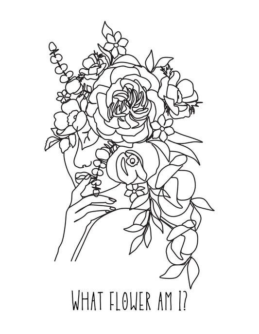  Egy kéz, ami arcot formáz virágokból kirajzolódó kontúrokkal, "WHAT FLOWER AM I?" felirattal – természet ihlette, minimalista dizájn. 