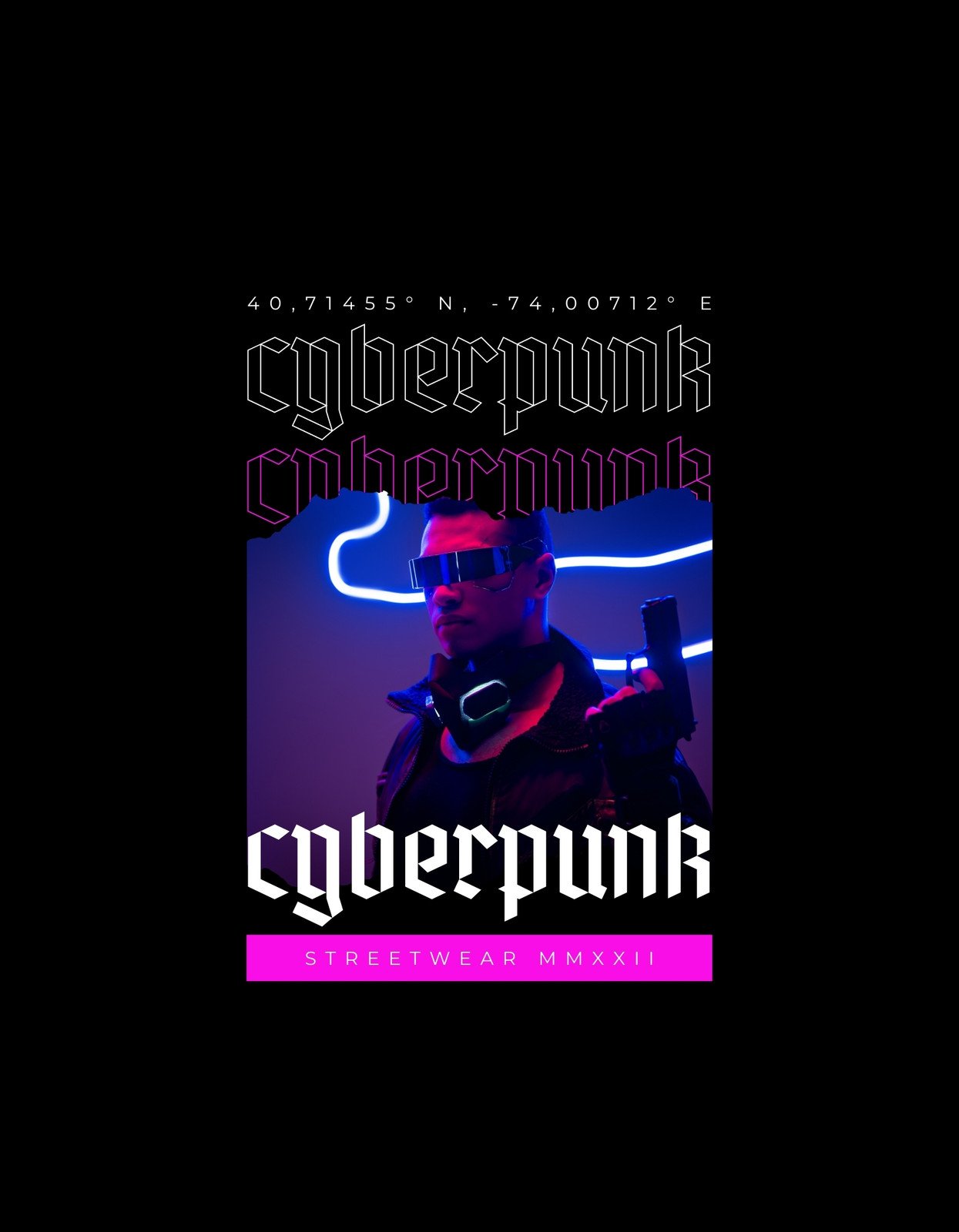 Egy futurisztikus hangulatú kép, ahol egy szemüveges férfi fluorescent kék és rózsaszín fényekkel kerül megvilágításra, és egy "CYBERPUNK" felirat díszíti a dizájnt. 