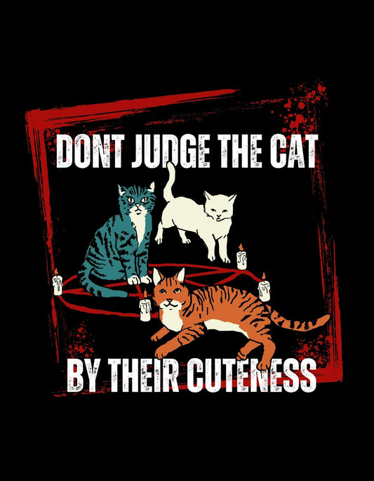 Három karakteres macsek grafika, fekete háttérrel, piros és fehér színfoltokkal, és a bátorító üzenet, "Don't judge the cat by their cuteness" felirattal. 