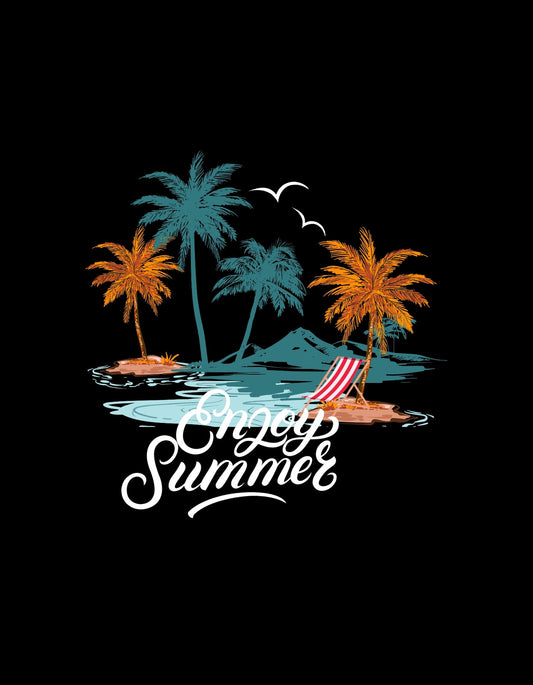 Egy szigetet ábrázol a kép, ahol pálmafák lengedeznek a szellőben, madarak szállnak, és egy függőágyban valaki lazít az "Enjoy Summer" felirat alatt. 