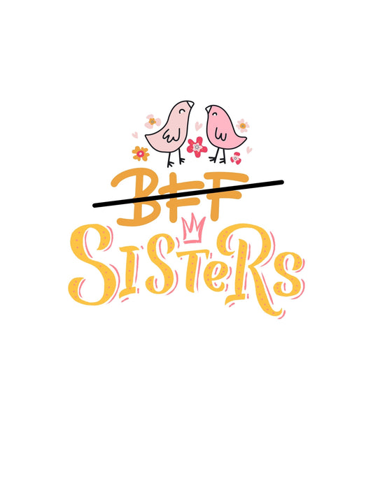 Egy aranyos, barátságos kinézetű minta, amely két összebújó rózsaszín madarat ábrázol, virágok és szív alakzatok társaságában. A "BFF Sisters" szöveg vidáman díszíti a hátteret. 