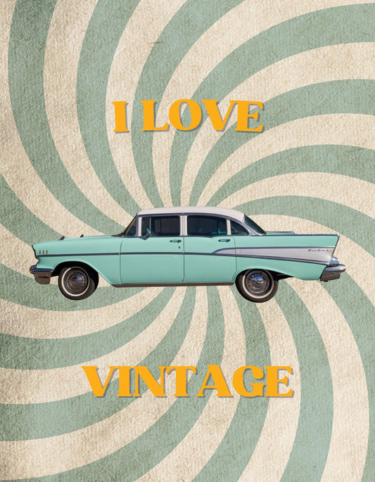 Egy régi kori hangulatot árasztó zöld színű autó, "I LOVE VINTAGE" felirattal, retro spirál hátterével, amely visszarepít az időben. 