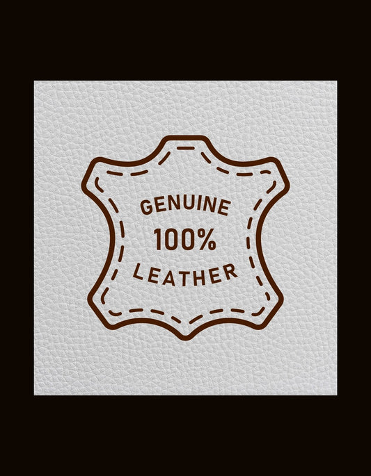 Egyedi bőrhatású címke dizájn, ami "GENUINE 100% LEATHER" felirattal büszkélkedik. Minőségi megjelenését a bőrtextúra háttér és a vintage hatású betűtípus is hozzájárul.