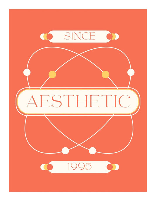 Az képen egy egyszerű, mégis elegáns dizájn látható, "SINCE" és "1995" feliratokkal, amelyek között az "AESTHETIC" szó dominál. Az összetett vonalak és pontok egy modern, grafikus stílust hoznak létre.