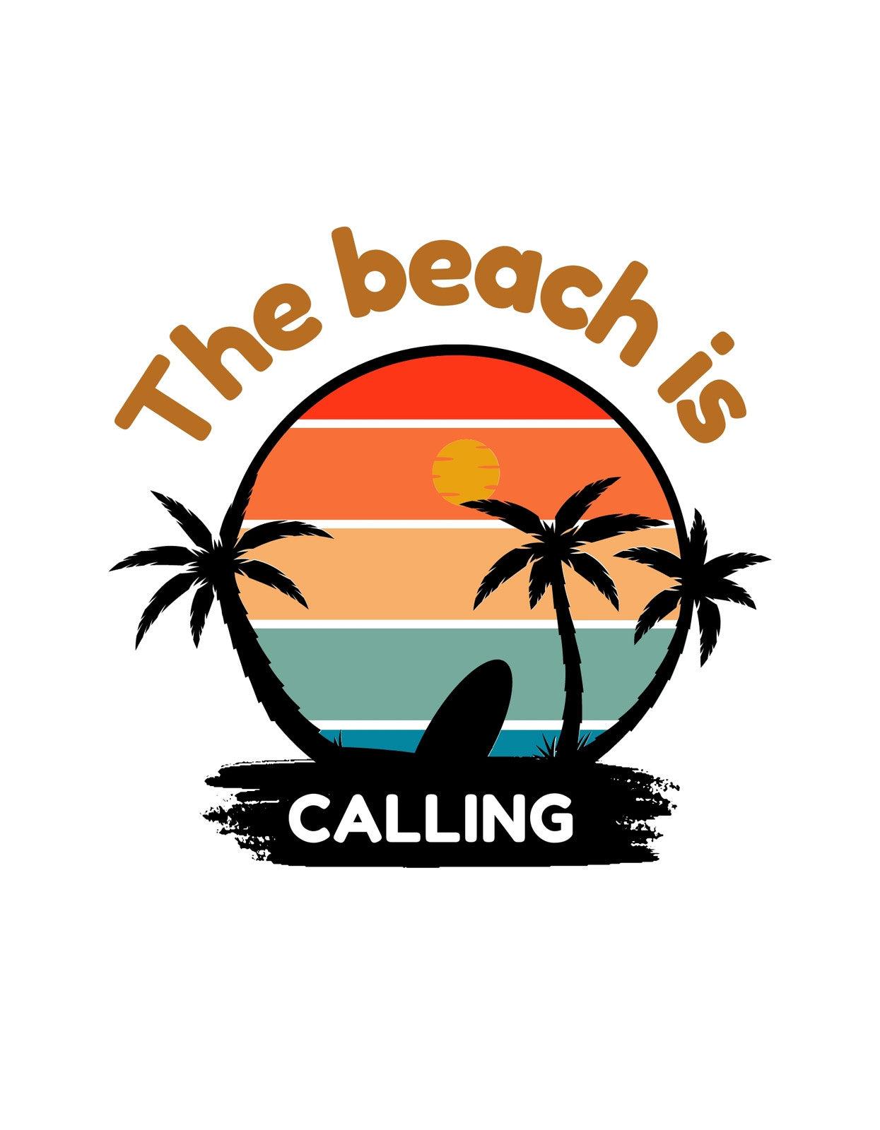Egy trópusi naplementét ábrázoló dizájn, amelyen egy szörfdeszka és pálmafák láthatók, a "The beach is CALLING" szöveggel kiegészítve. 