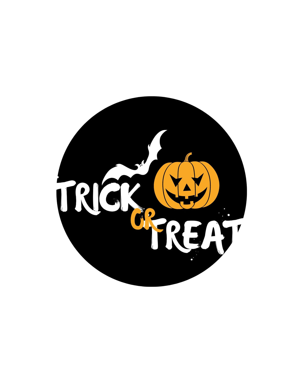 Egy vidám Halloween tematikájú minta, ahol egy tökfaragásból készült sütőtök és egy repülő szellem közé írták a "Trick or Treat" feliratot fehér és narancssárga színekben ebben a sötét hátterű, kerek dizájnban. 